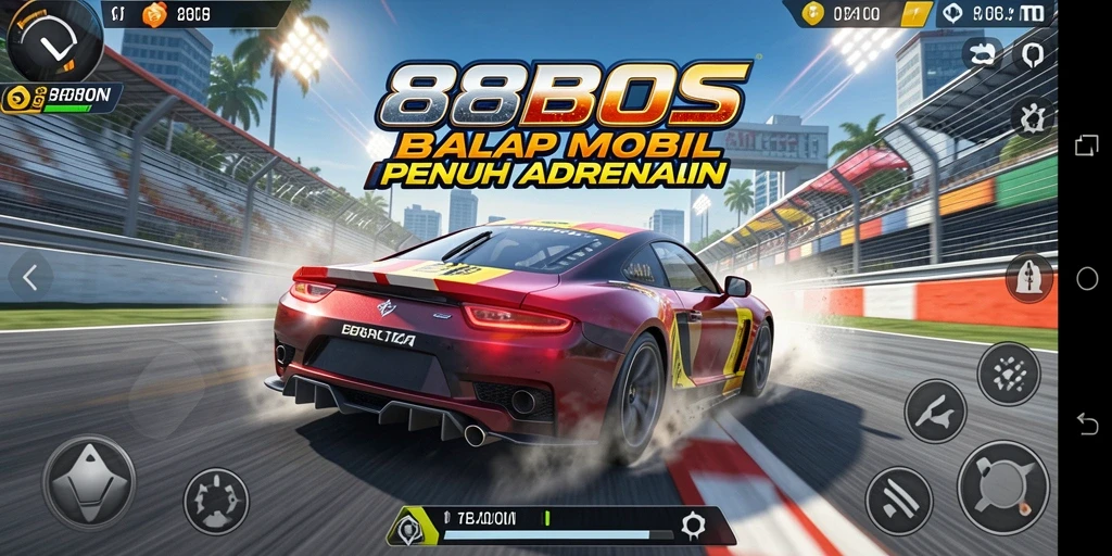 Screenshot gameplay <strong>88BOS</strong> menampilkan balapan di trek menantang.