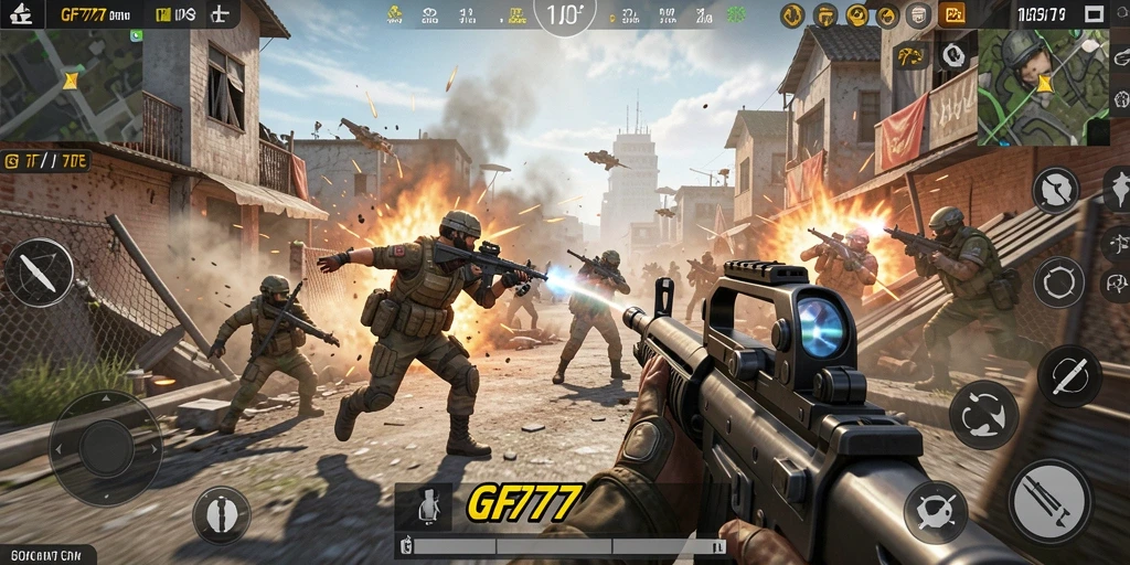 Tampilan gameplay mendebarkan dalam GF777 dengan aksi tembak-menembak intens.