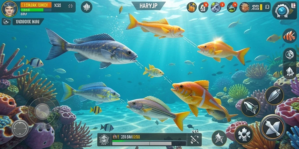 Screenshot gameplay HARAPJP menampilkan aksi seru saat menembak ikan.