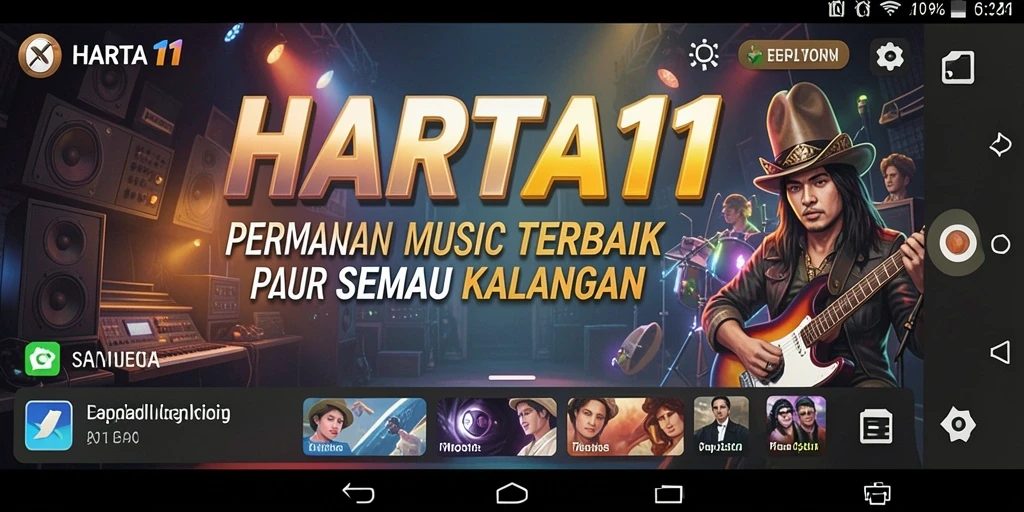 Tampilan utama HARTA11 menunjukkan pengguna bermain musik dengan riang.