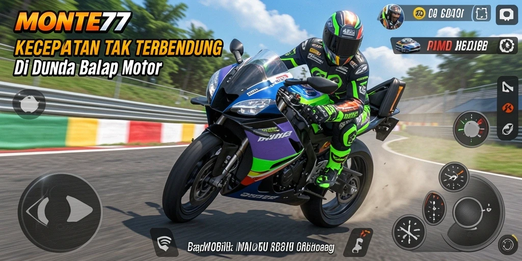 Tampilan gameplay seru dari MONTE77 di trek balap motor.