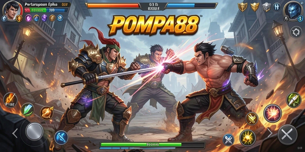Screenshot utama POMPA88 menunjukkan pertarungan karakter yang mendebarkan.